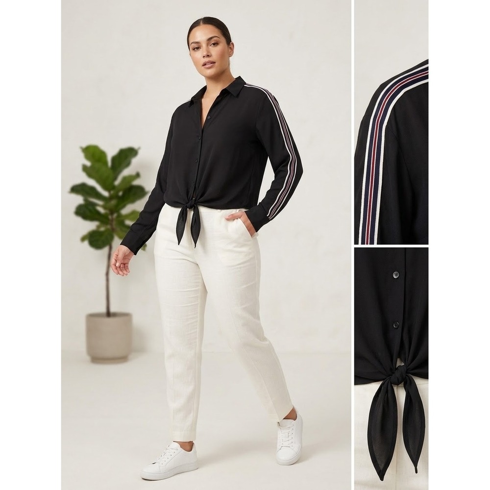 Timing women's Black Tie Front Button Down Blouse Side Stripe Long Sleeve Small